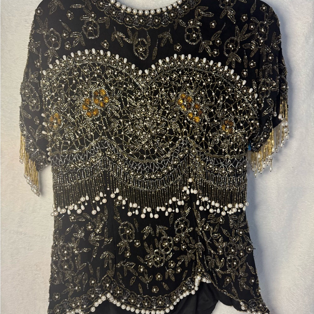 Vintage Patra Black Zip Up Sequin Beaded Top, Women’s Sz 14
